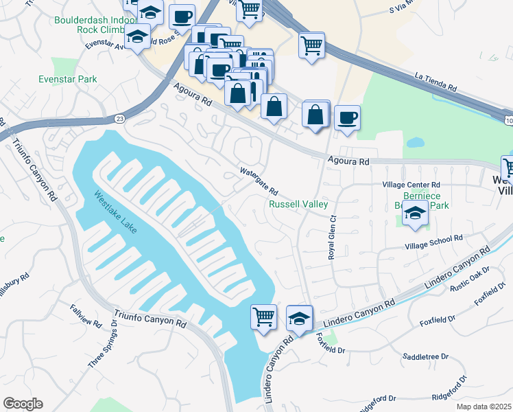 map of restaurants, bars, coffee shops, grocery stores, and more near 32145 Lake Meadow Lane in Westlake Village
