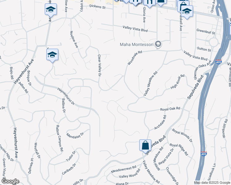 map of restaurants, bars, coffee shops, grocery stores, and more near 16050 Royal Mount Drive in Los Angeles