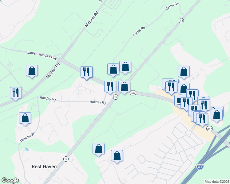 map of restaurants, bars, coffee shops, grocery stores, and more near 5221 Lanier Islands Parkway in Buford