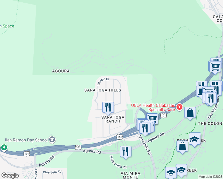 map of restaurants, bars, coffee shops, grocery stores, and more near 5315 Cangas Drive in Agoura Hills