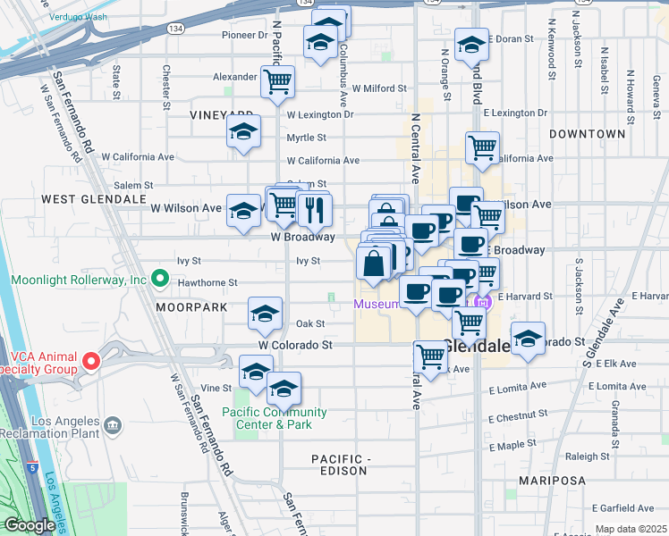 map of restaurants, bars, coffee shops, grocery stores, and more near 420 Ivy Street in Glendale