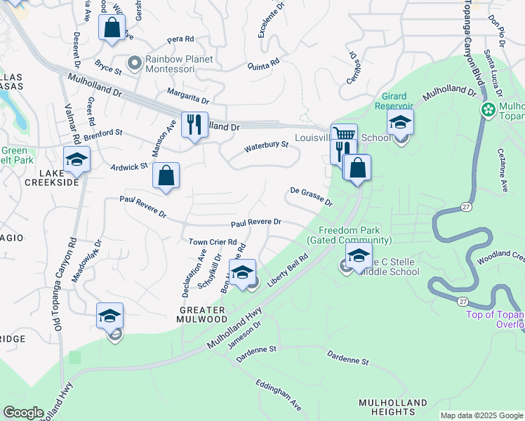 map of restaurants, bars, coffee shops, grocery stores, and more near 22508 Peale Drive in Calabasas