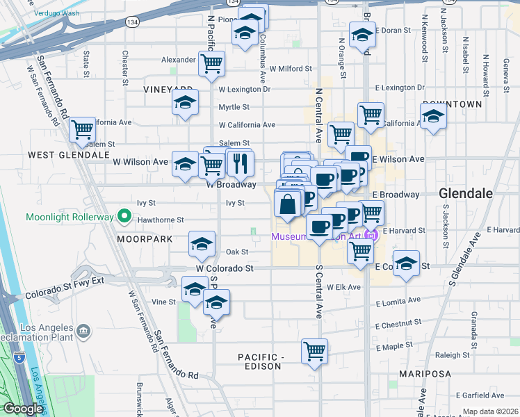 map of restaurants, bars, coffee shops, grocery stores, and more near 412 Ivy Street in Glendale