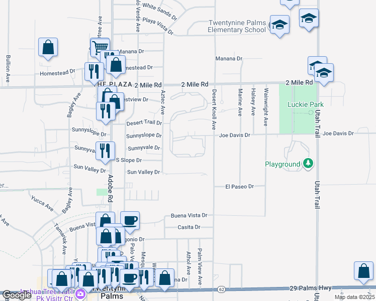 map of restaurants, bars, coffee shops, grocery stores, and more near 5901 Aztec Avenue in Twentynine Palms