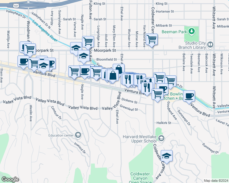 map of restaurants, bars, coffee shops, grocery stores, and more near 4168 Mary Ellen Avenue in Los Angeles