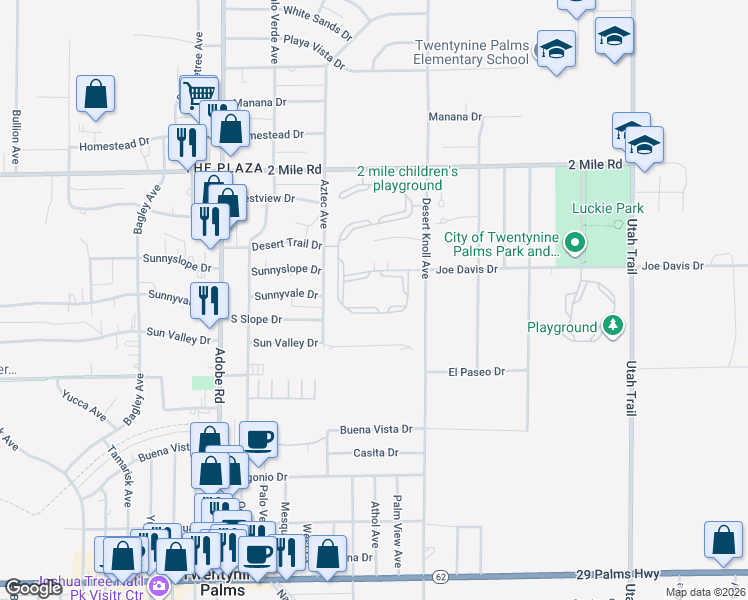 map of restaurants, bars, coffee shops, grocery stores, and more near 5901 Aztec Avenue in Twentynine Palms