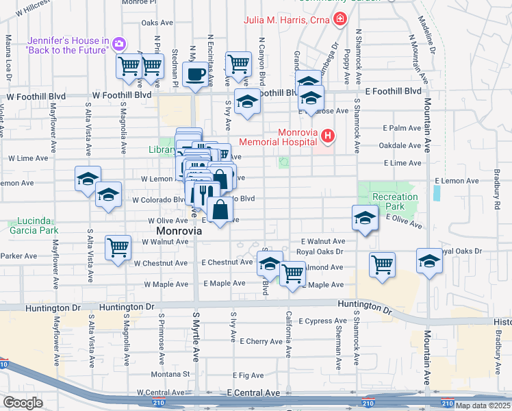 map of restaurants, bars, coffee shops, grocery stores, and more near 233 East Colorado Boulevard in Monrovia