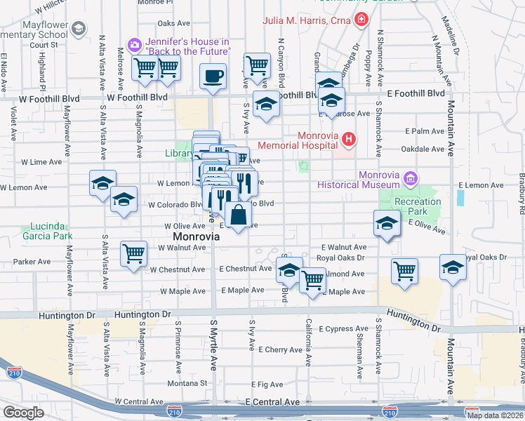 map of restaurants, bars, coffee shops, grocery stores, and more near 233 East Colorado Boulevard in Monrovia