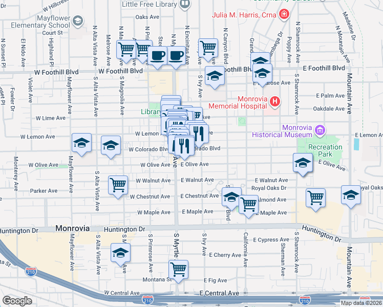 map of restaurants, bars, coffee shops, grocery stores, and more near 145 East Colorado Boulevard in Monrovia