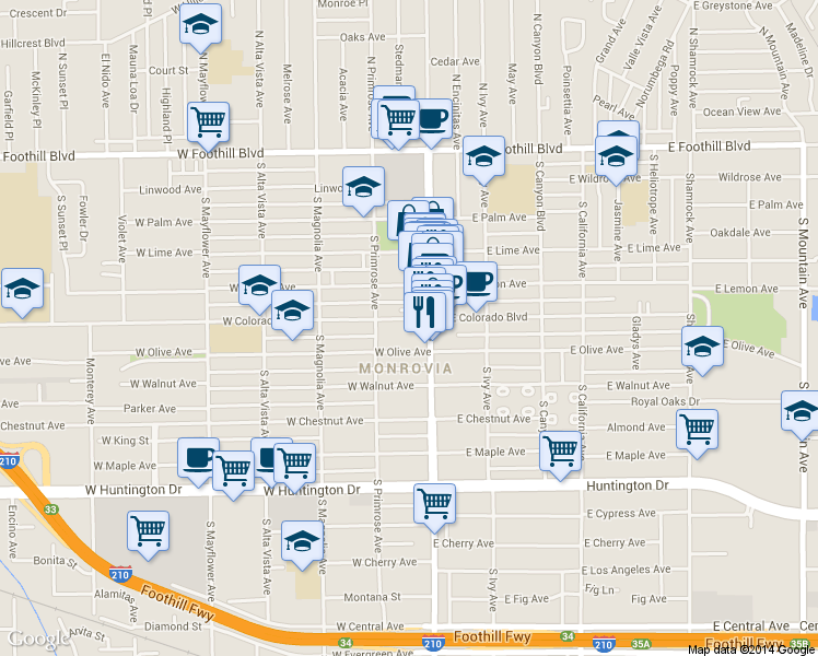 map of restaurants, bars, coffee shops, grocery stores, and more near 125 West Colorado Boulevard in Monrovia