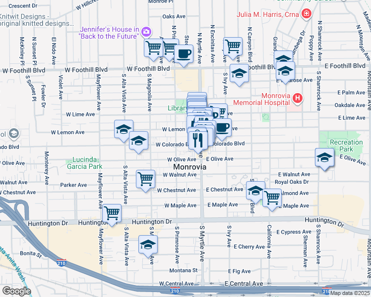 map of restaurants, bars, coffee shops, grocery stores, and more near 125 West Colorado Boulevard in Monrovia