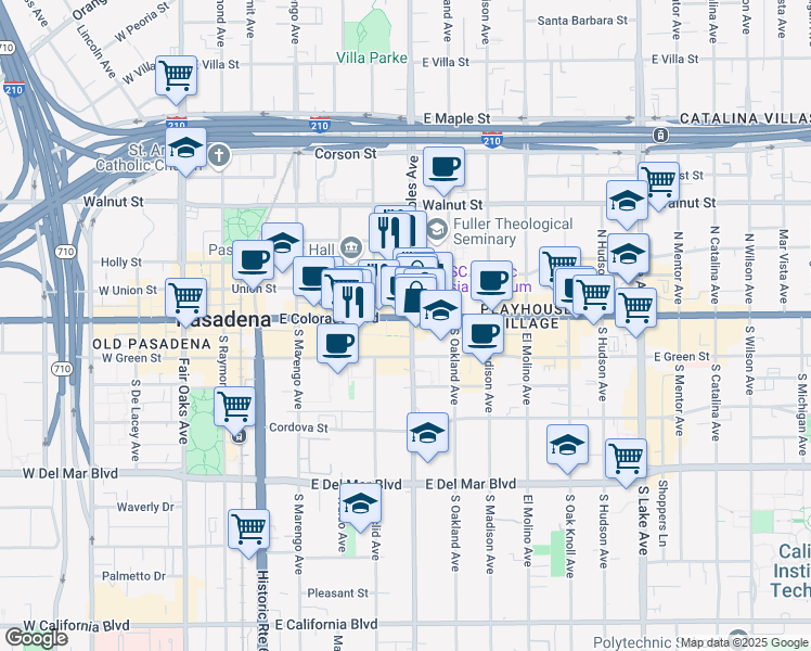 map of restaurants, bars, coffee shops, grocery stores, and more near in Pasadena