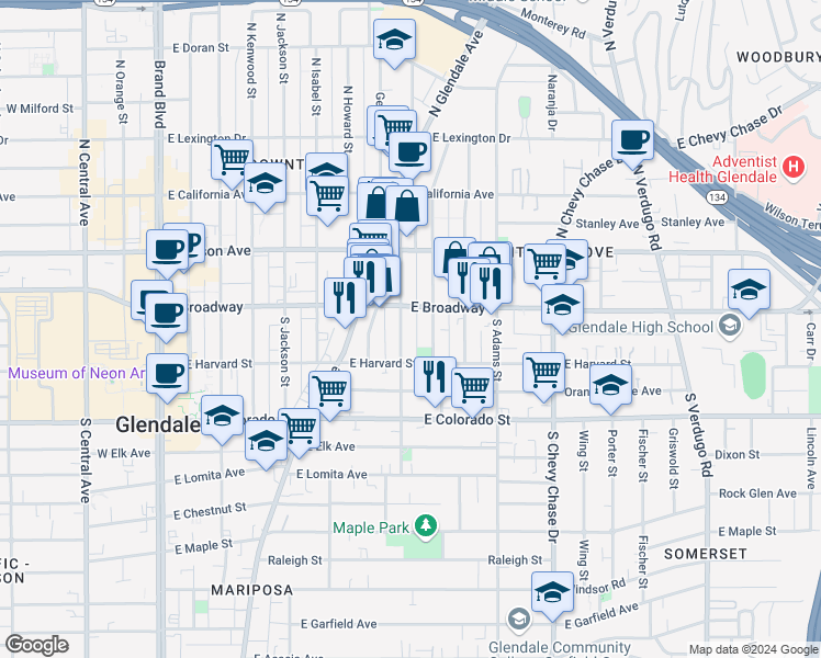 map of restaurants, bars, coffee shops, grocery stores, and more near 814 East Broadway in Glendale