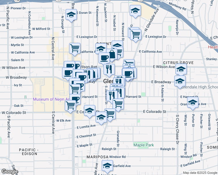 map of restaurants, bars, coffee shops, grocery stores, and more near 510 East Broadway in Glendale
