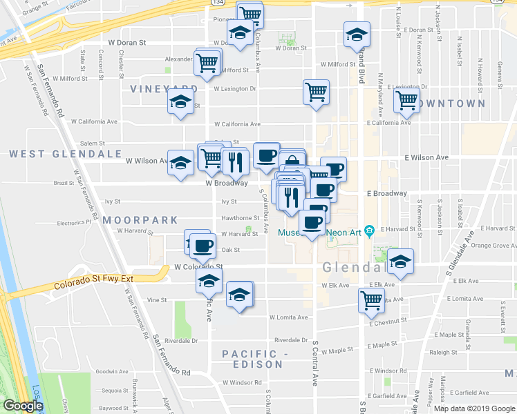map of restaurants, bars, coffee shops, grocery stores, and more near 405 Ivy Street in Glendale