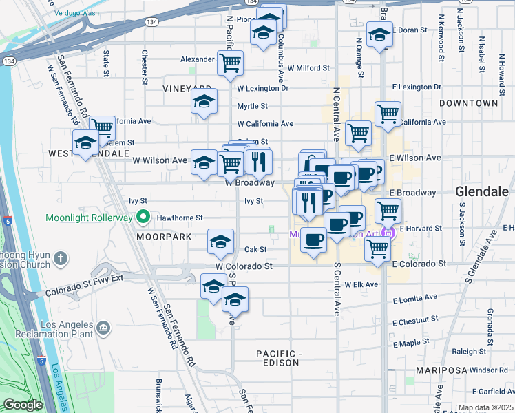 map of restaurants, bars, coffee shops, grocery stores, and more near 451 Ivy Street in Glendale