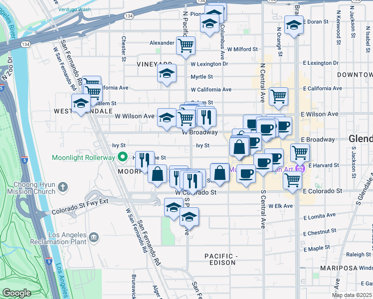 map of restaurants, bars, coffee shops, grocery stores, and more near 121 South Pacific Avenue in Glendale