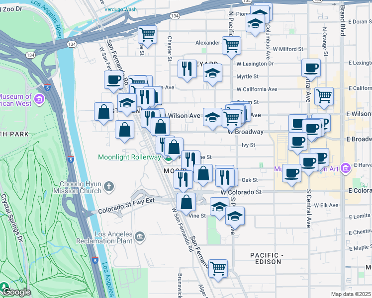 map of restaurants, bars, coffee shops, grocery stores, and more near 655 Ivy Street in Glendale