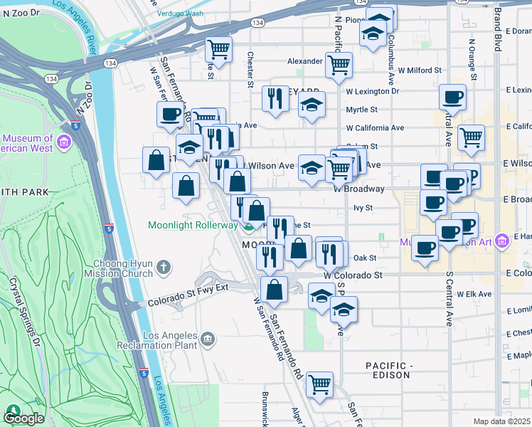map of restaurants, bars, coffee shops, grocery stores, and more near 655 Ivy Street in Glendale