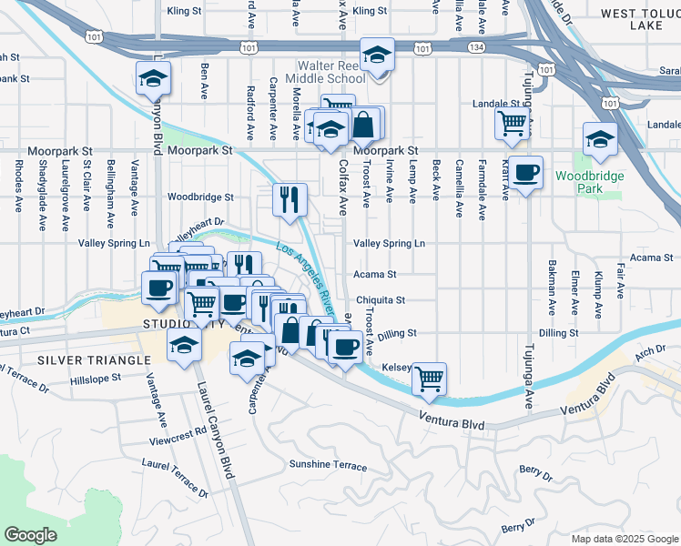 map of restaurants, bars, coffee shops, grocery stores, and more near 4220 Colfax Avenue in Los Angeles