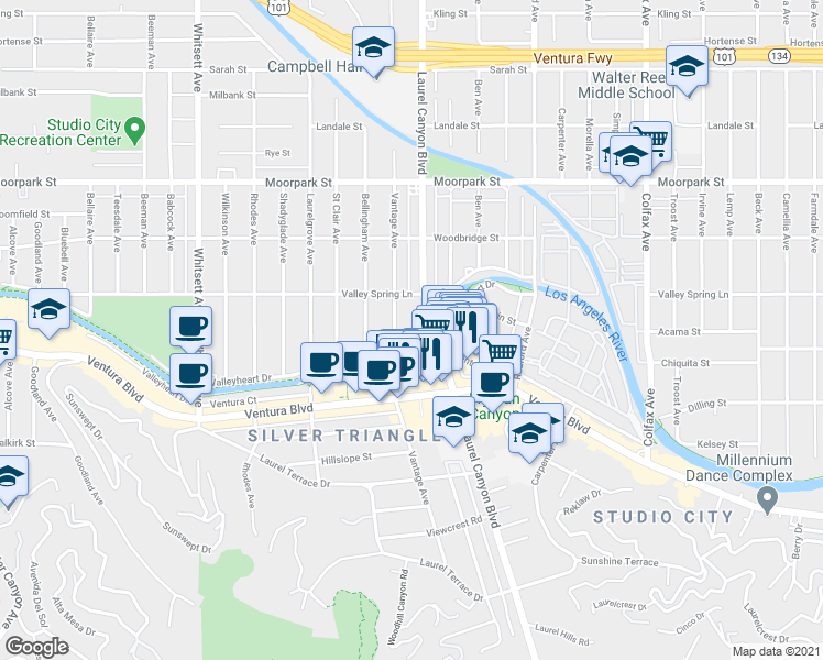 map of restaurants, bars, coffee shops, grocery stores, and more near 12127 Valleyheart Drive in Los Angeles