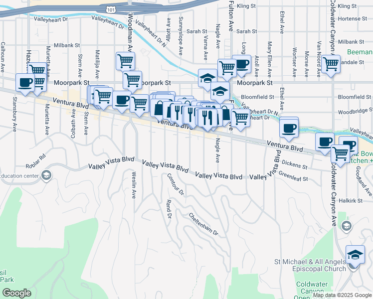 map of restaurants, bars, coffee shops, grocery stores, and more near 4169 Greenbush Avenue in Los Angeles