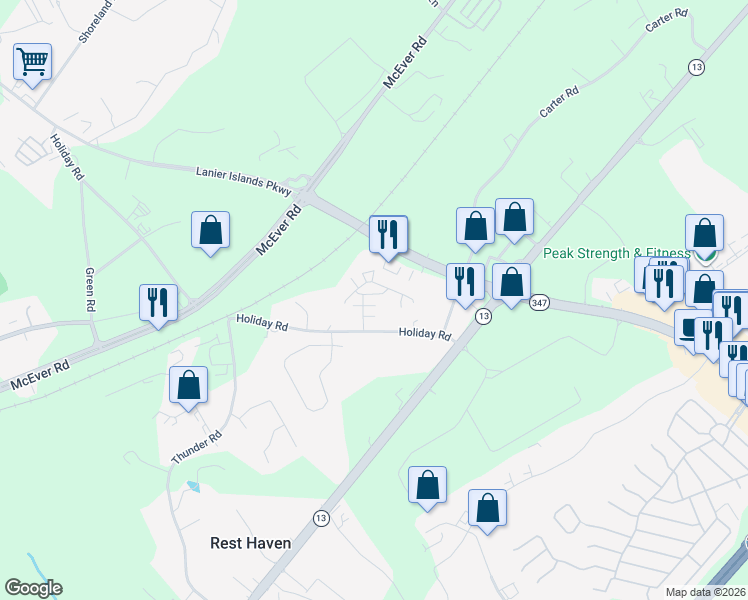 map of restaurants, bars, coffee shops, grocery stores, and more near 119 Holiday Road in Buford