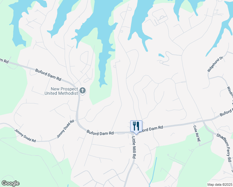 map of restaurants, bars, coffee shops, grocery stores, and more near 5910 Dolvin Lane in Buford
