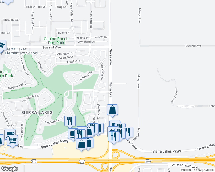 map of restaurants, bars, coffee shops, grocery stores, and more near 5967 Prestwick Way in Fontana