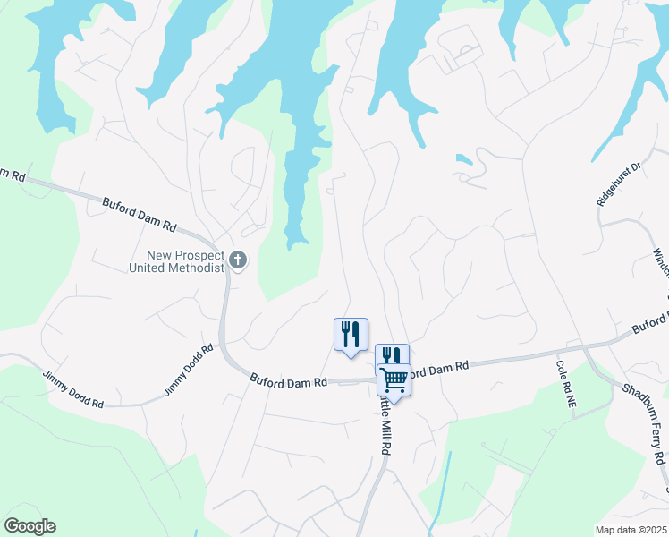map of restaurants, bars, coffee shops, grocery stores, and more near 5910 Dolvin Lane in Buford