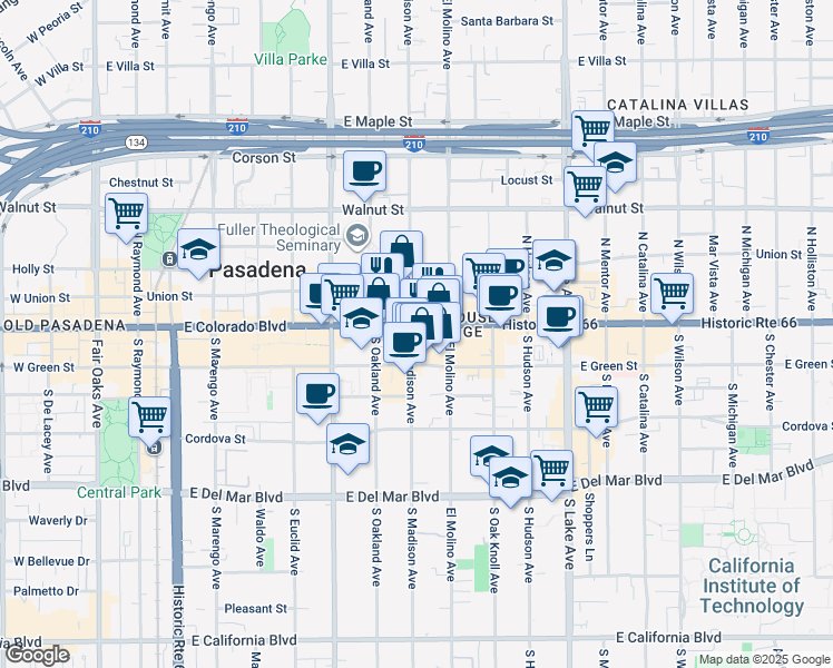 map of restaurants, bars, coffee shops, grocery stores, and more near in Pasadena