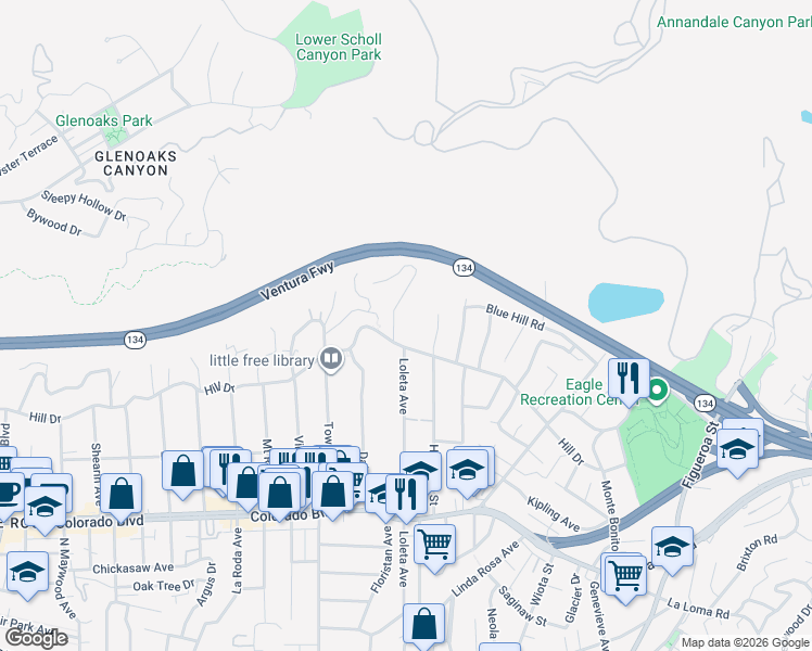 map of restaurants, bars, coffee shops, grocery stores, and more near 5418 Dahlia Drive in Los Angeles