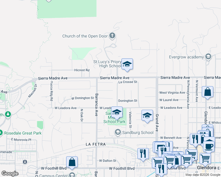 map of restaurants, bars, coffee shops, grocery stores, and more near 806 La Crosse Street in Glendora