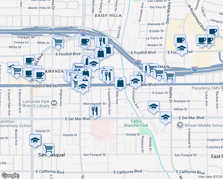 map of restaurants, bars, coffee shops, grocery stores, and more near in Pasadena