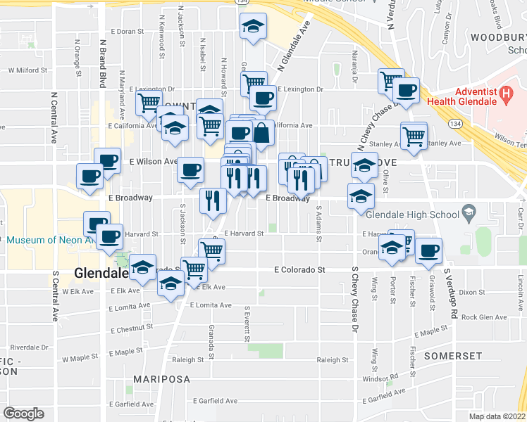 map of restaurants, bars, coffee shops, grocery stores, and more near 814 East Broadway in Glendale
