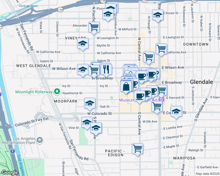 map of restaurants, bars, coffee shops, grocery stores, and more near 405 Ivy Street in Glendale
