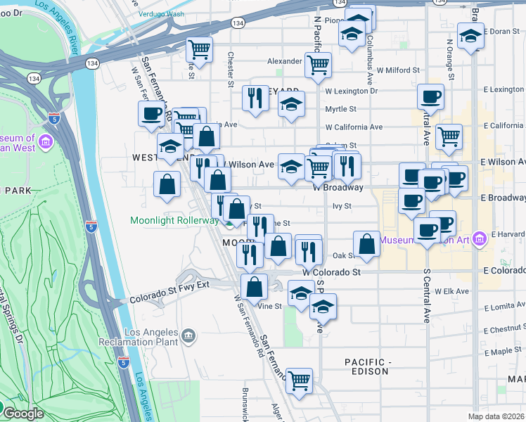 map of restaurants, bars, coffee shops, grocery stores, and more near 617 Ivy Street in Glendale