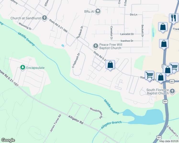map of restaurants, bars, coffee shops, grocery stores, and more near 814 Old Woodlands Road in Florence