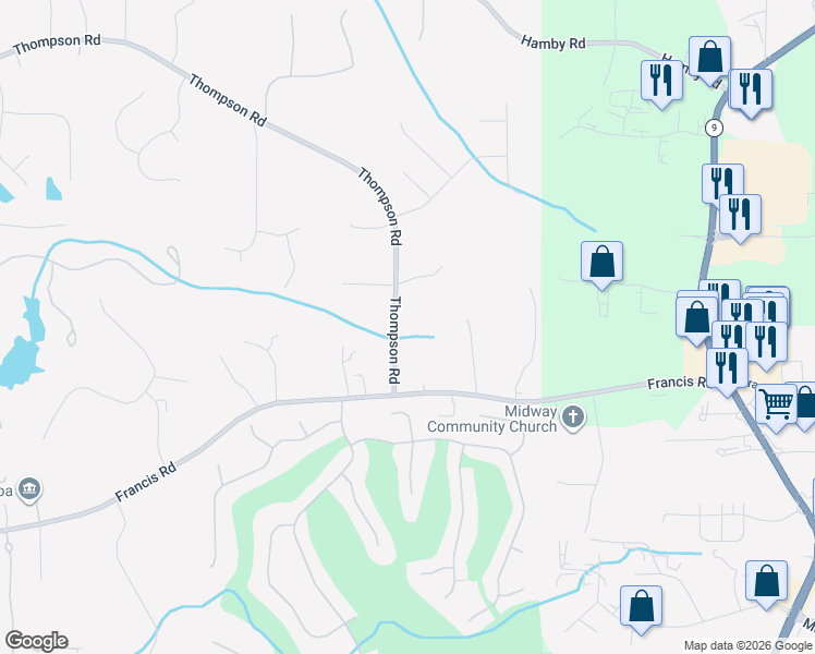 map of restaurants, bars, coffee shops, grocery stores, and more near 16040 South Thompson Road in Alpharetta