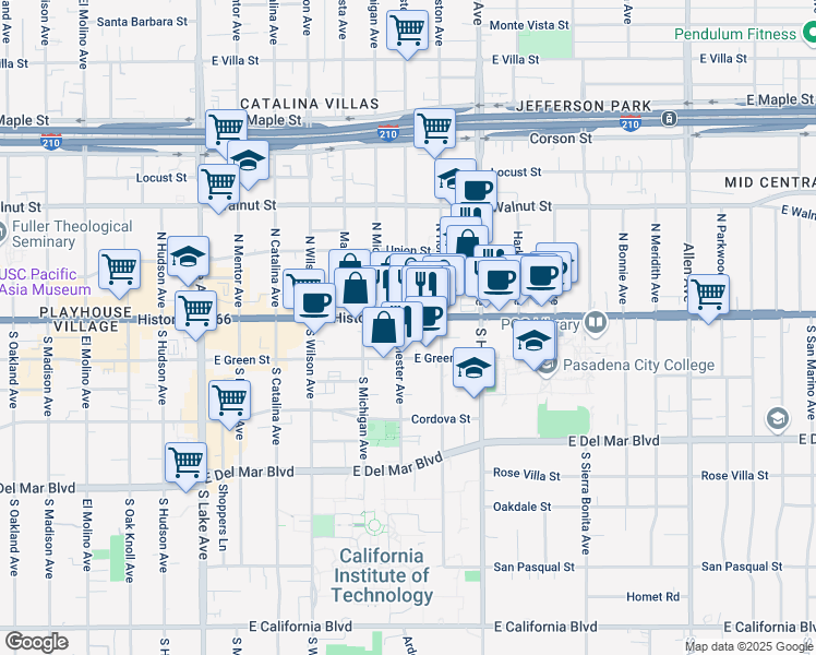 map of restaurants, bars, coffee shops, grocery stores, and more near 1283 East Colorado Boulevard in Pasadena