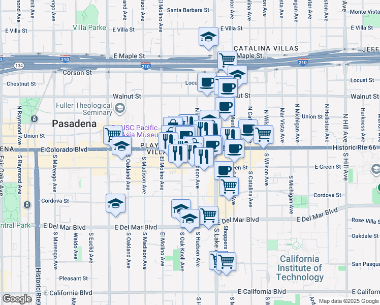 map of restaurants, bars, coffee shops, grocery stores, and more near 795 East Colorado Boulevard in Pasadena