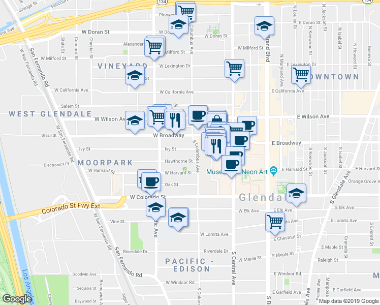 map of restaurants, bars, coffee shops, grocery stores, and more near 412 Ivy Street in Glendale