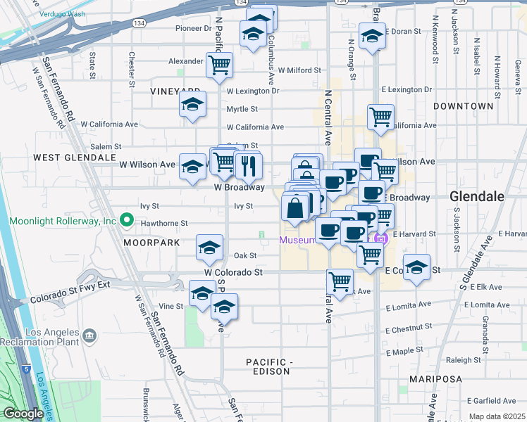 map of restaurants, bars, coffee shops, grocery stores, and more near 420 Ivy Street in Glendale