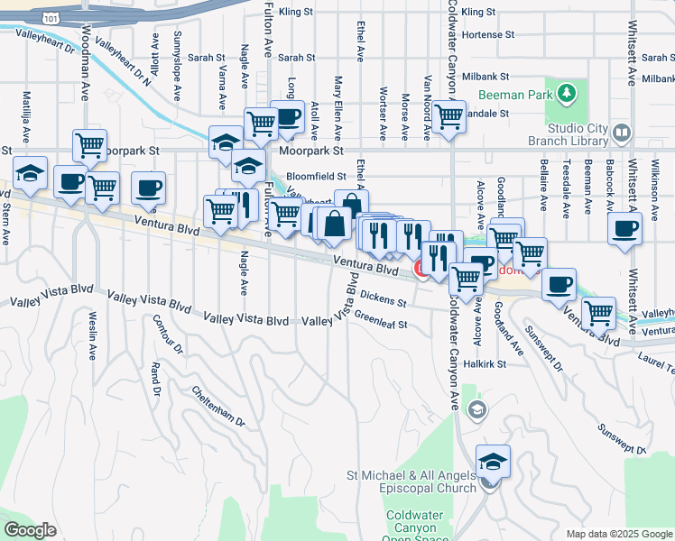 map of restaurants, bars, coffee shops, grocery stores, and more near 4168 Mary Ellen Avenue in Los Angeles