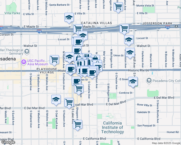 map of restaurants, bars, coffee shops, grocery stores, and more near 1009 East Colorado Boulevard in Pasadena