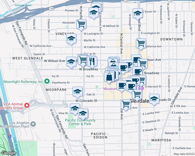 map of restaurants, bars, coffee shops, grocery stores, and more near 420 Ivy Street in Glendale