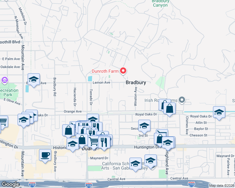 map of restaurants, bars, coffee shops, grocery stores, and more near 1462 Lemon Avenue in Bradbury