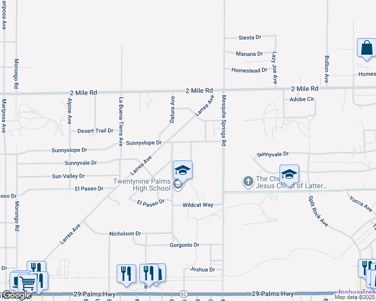 map of restaurants, bars, coffee shops, grocery stores, and more near 5930 Rose Ellen Avenue in Twentynine Palms