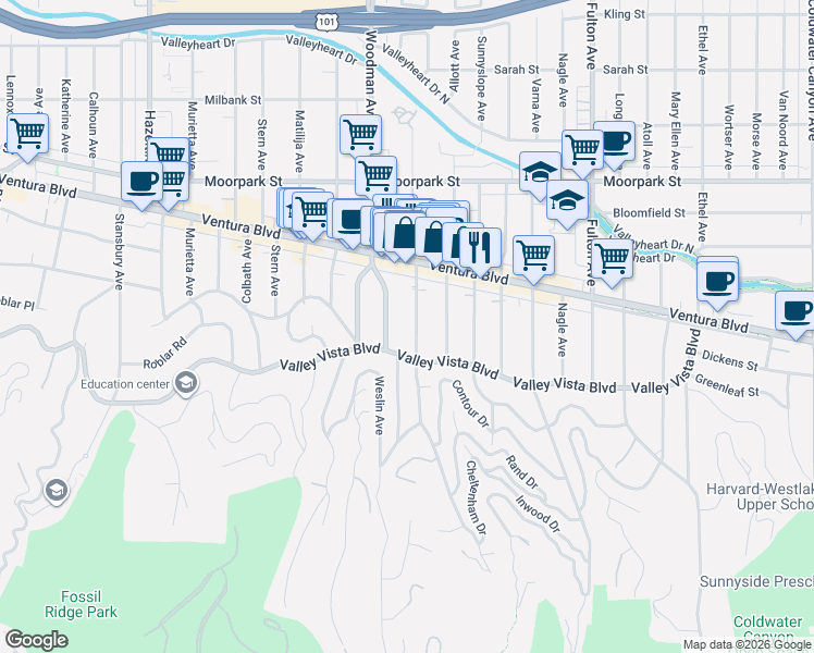 map of restaurants, bars, coffee shops, grocery stores, and more near 4133 Ventura Canyon Avenue in Los Angeles