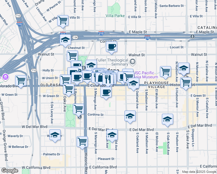 map of restaurants, bars, coffee shops, grocery stores, and more near 300 East Colorado Boulevard in Pasadena